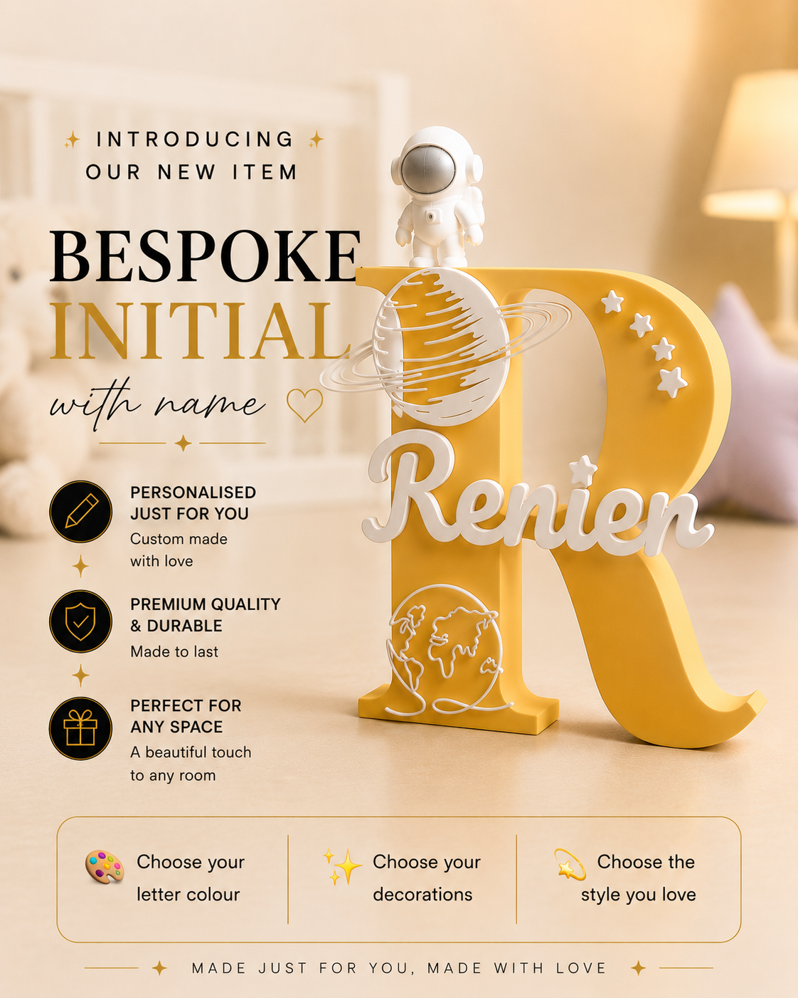 Bespoke Initial with Name: personalised sign in gold with a celestial theme