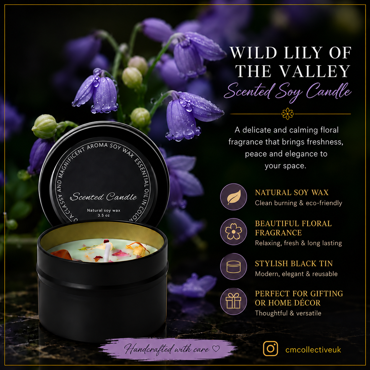 Wild Lily of the Valley scented soy candle in a black tin, with the C.M Collective logo removed