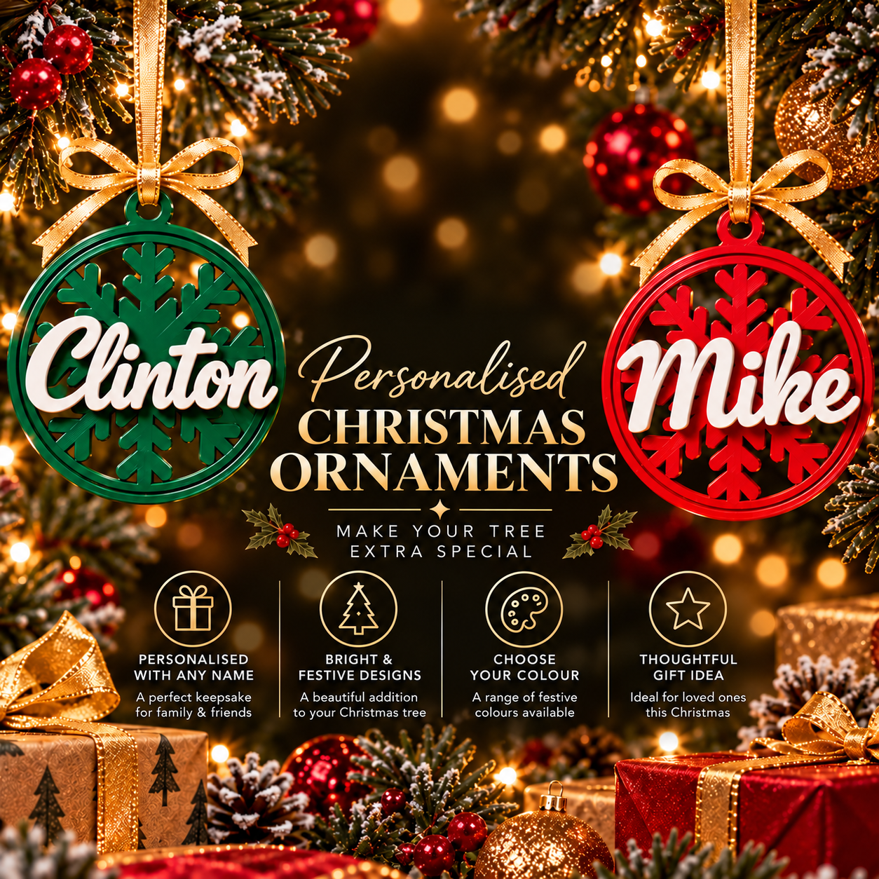 Logo-free Christmas promotion poster for personalised ornaments in festive colours